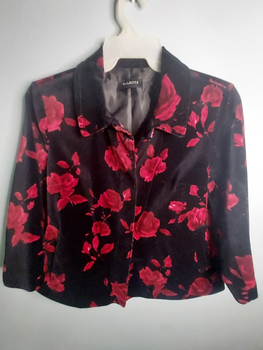 Talbots Black Velvet Blazer with Red Floral Print